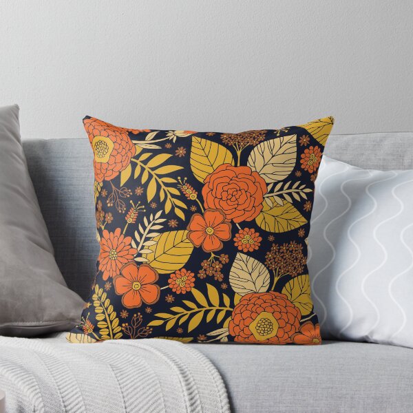 Aperçu de l'œuvre Motif floral rétro orange, jaune, marron et bleu marine créée et vendue par somecallmebeth.