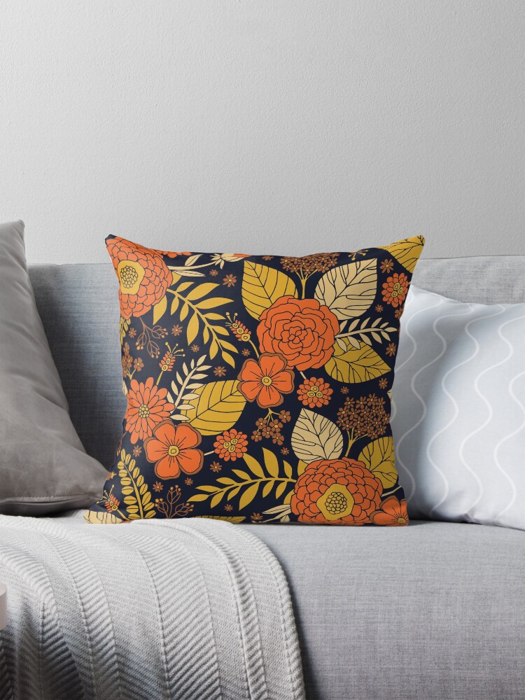 Thumbnail 1 of 4, Pillow, Retro Orange, Yellow, Brown, & Navy Floral Pattern designed and sold by somecallmebeth.