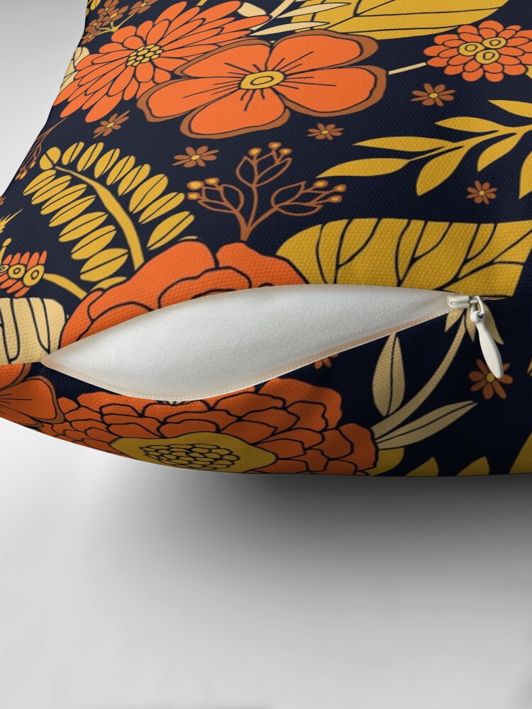 Thumbnail 2 of 4, Pillow, Retro Orange, Yellow, Brown, & Navy Floral Pattern designed and sold by somecallmebeth.