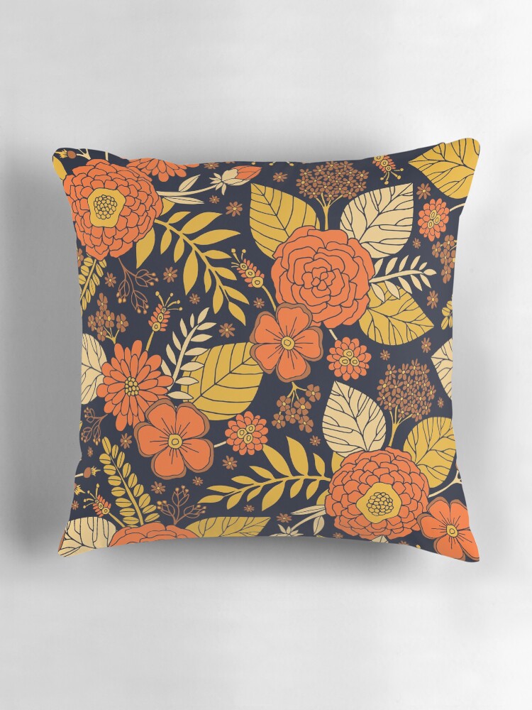 Thumbnail 3 of 4, Pillow, Retro Orange, Yellow, Brown, & Navy Floral Pattern designed and sold by somecallmebeth.