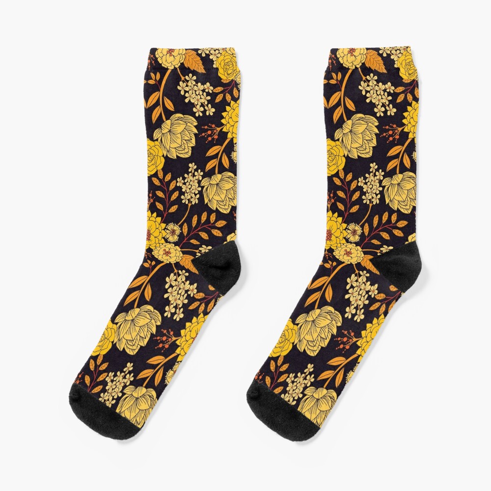 Yellow, Orange & Navy Blue Dark Floral Pattern Socks