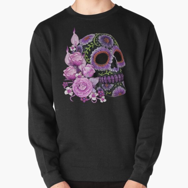 Pink Floral Black Sugar Skull Day Of The Dead Pullover Sweatshirt