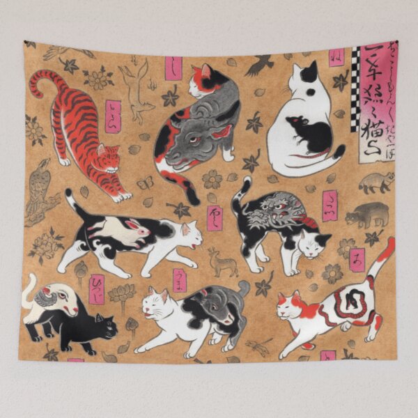 Item preview, Antique Japanese Woodblock Print Cats with Tattoos ~ Cat Tattoo Flash designed and sold by Epitome Girl.