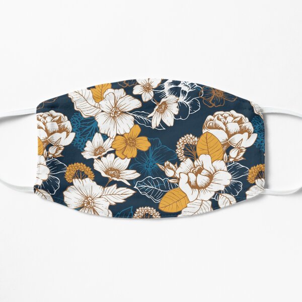 Navy and Gold Peony and Blossom Seamless Pattern Flat Mask
