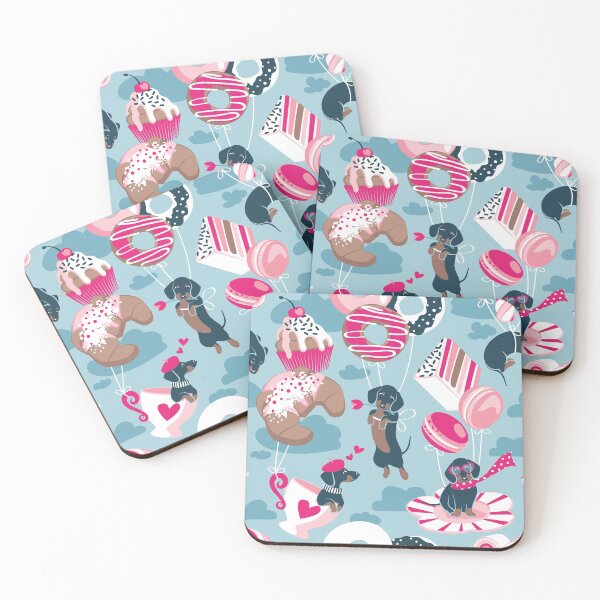 Item preview, Pastel café sweet love dream // pastel blue background fuchsia pink pastry details blue dachshund dog puppies designed and sold by SelmaCardoso.