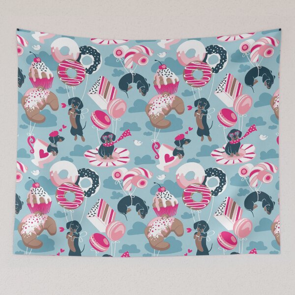 Item preview, Pastel café sweet love dream // pastel blue background fuchsia pink pastry details blue dachshund dog puppies designed and sold by SelmaCardoso.