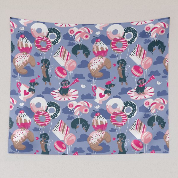 Item preview, Pastel café sweet love dream // indigo blue background fuchsia pink pastry details blue dachshund dog puppies designed and sold by SelmaCardoso.