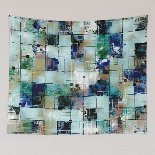 Item preview, psychedelic geometric square pixel pattern abstract background in green blue brown designed and sold by Mrvell.