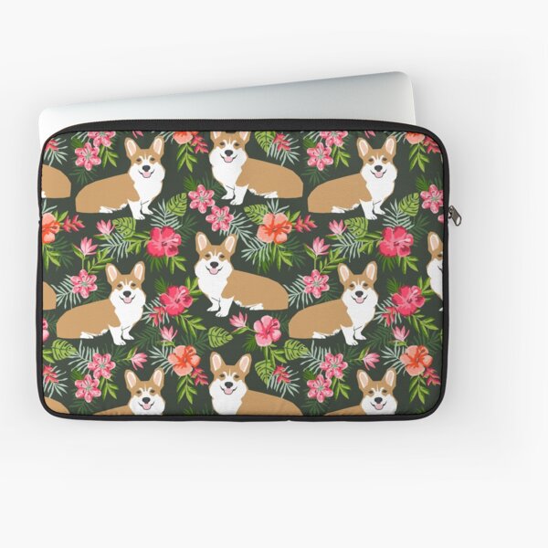 Welsh Corgi hawaiian print pattern florals tropical summer dog breed pet portrait by PetFriendly Laptop Sleeve