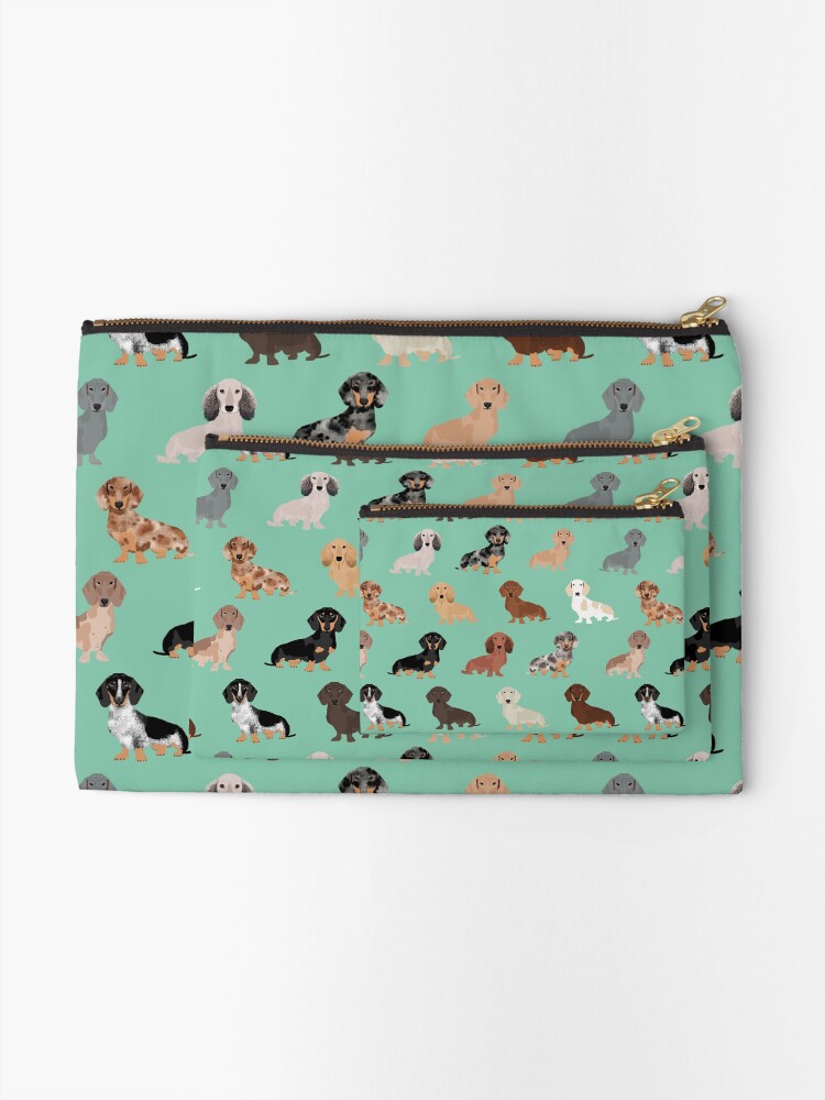 Alternate view of Dachshund dog breed pattern dapple merle black and tan coat colors Zipper Pouch
