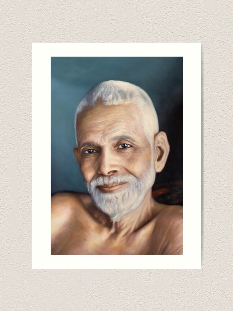 Alternate view of Sri Bhagavan Ramana Maharshi, Portrait From Oil Painting. Yoga Studio & Meditation Room Fine Art By Hearts For Love Art Print