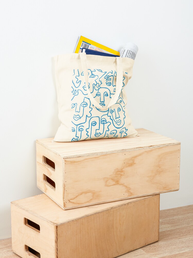 Alternate view of Blue line art faces print Tote Bag