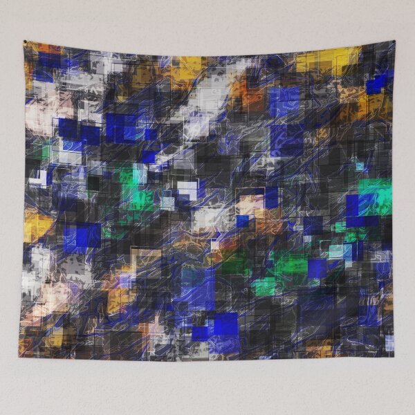 Item preview, psychedelic geometric square pixel pattern abstract background in blue green brown black designed and sold by Mrvell.
