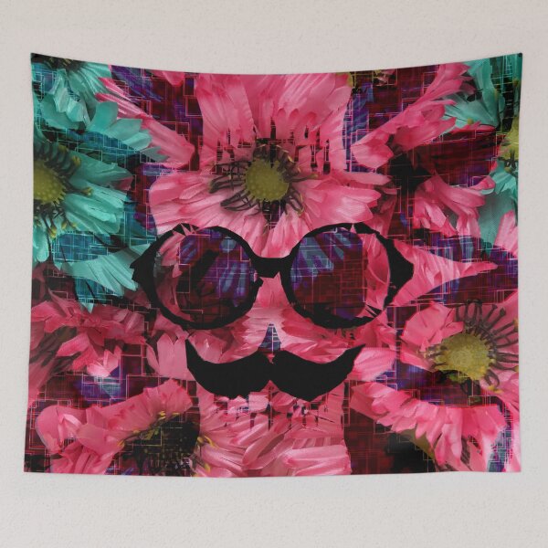 Item preview, vintage old skull portrait with red and blue flower pattern abstract background designed and sold by Mrvell.