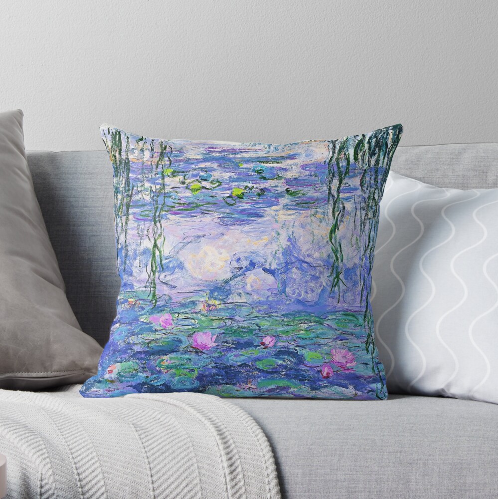 Flowers Monet Waterlilies Blue Throw Pillow Cover w Optional Insert by Roostery