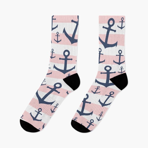 Item preview, Nautical pink stripe navy blue anchor pattern designed and sold by NaughtyCat.