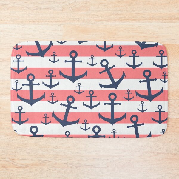 Item preview, Nautical coral stripe navy blue anchor pattern designed and sold by NaughtyCat.