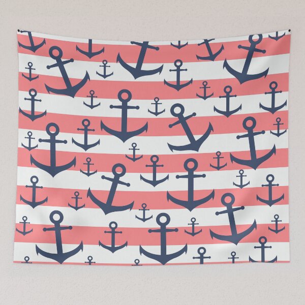 Item preview, Nautical coral stripe navy blue anchor pattern designed and sold by NaughtyCat.