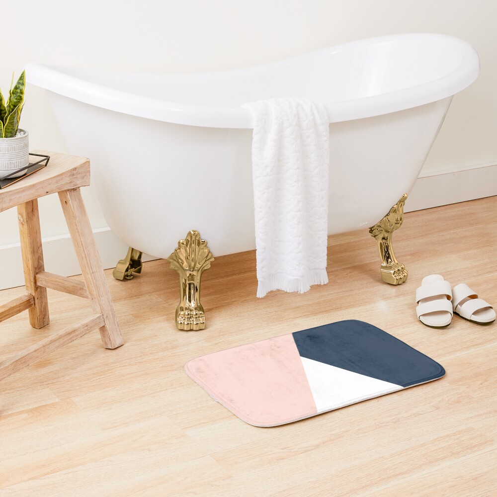 Modern geometric blush pink & navy blue Bath Mat