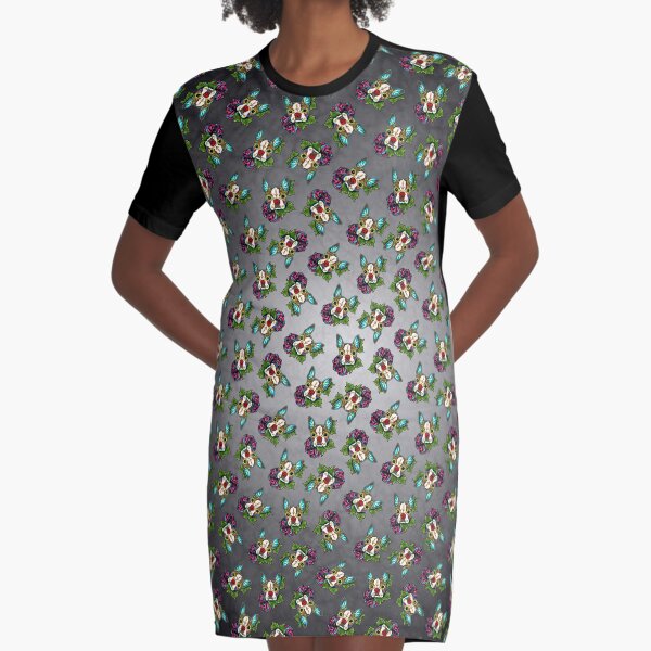 Boston Terrier in Red - Day of the Dead Sugar Skull Dog Graphic T-Shirt Dress