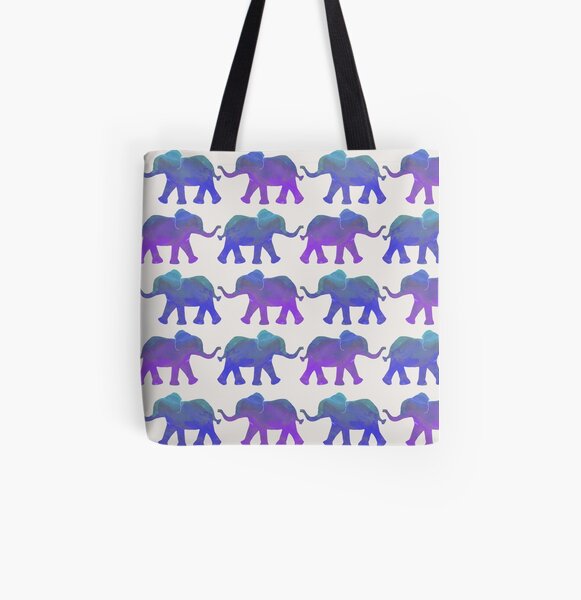 Follow The Leader - Painted Elephants in Purple, Royal Blue, & Mint All Over Print Tote Bag