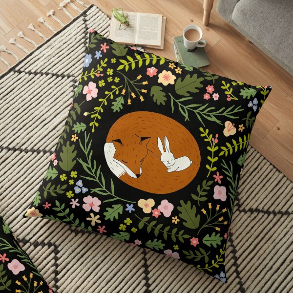 Friendship Fox-Rabbit_BgBlack Floor Pillow