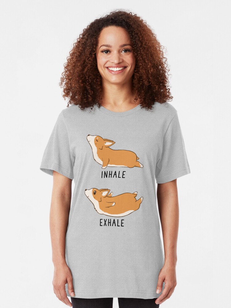 Alternate view of Inhale Exhale Corgi Yoga Slim Fit T-Shirt
