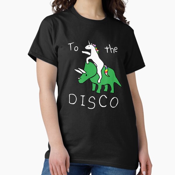 Vista previa del artículo con la obra «To The Disco (texto blanco) Unicornio montando Triceratops», diseñado y vendido por jezkemp.