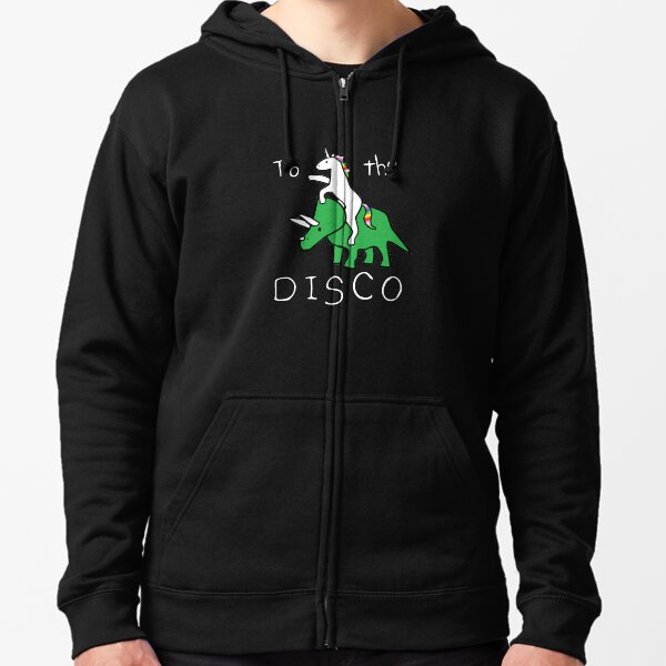 To The Disco (texto blanco) Unicornio montando Triceratops Sudadera con capucha y cremallera