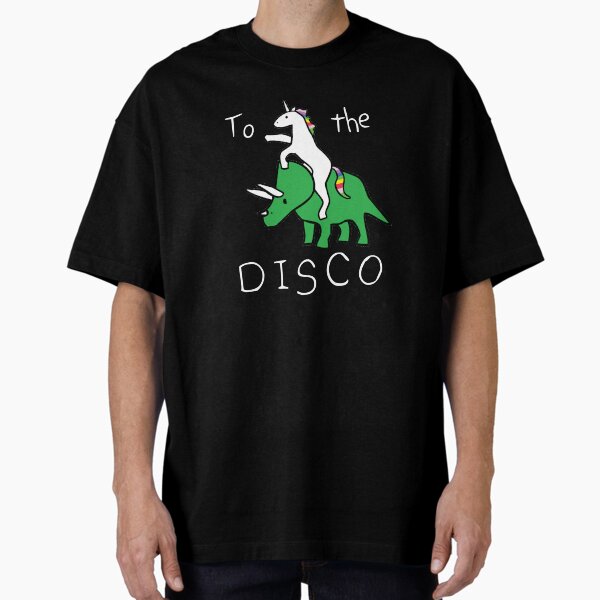 Vista previa del artículo con la obra «To The Disco (texto blanco) Unicornio montando Triceratops», diseñado y vendido por jezkemp.