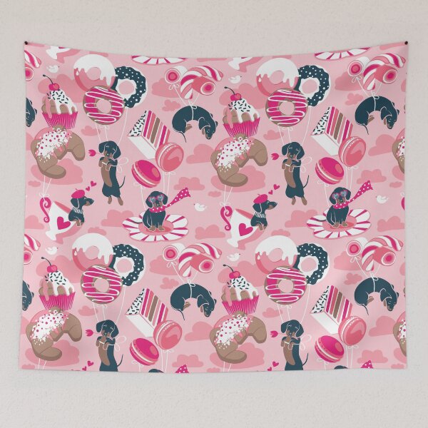 Item preview, Pastel café sweet love dream // pastel pink background fuchsia pink pastry details blue dachshund dog puppies designed and sold by SelmaCardoso.