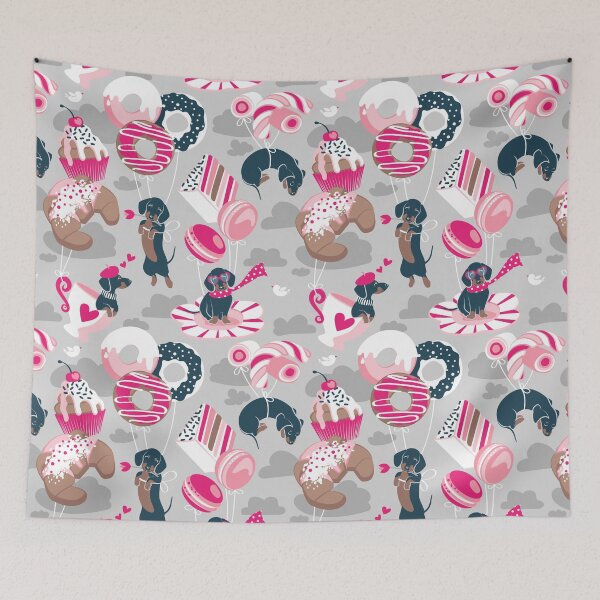 Item preview, Pastel café sweet love dream // grey background fuchsia pink pastry details blue dachshund dog puppies designed and sold by SelmaCardoso.