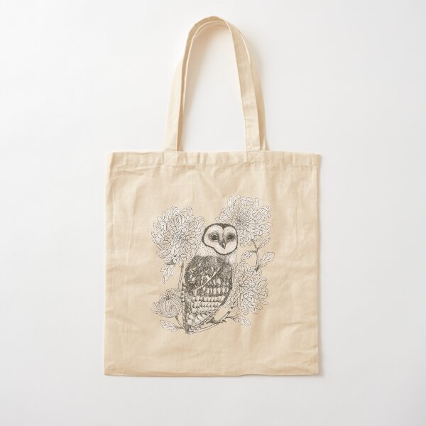owl and chrysanthemums on teal blue background Cotton Tote Bag