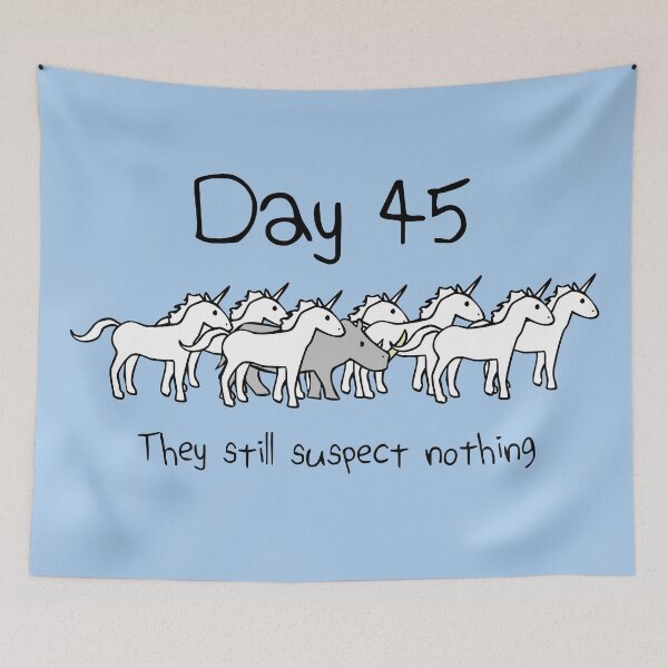 Item preview, Day 45. They still suspect nothing. (Rhino + Unicorns) designed and sold by jezkemp.
