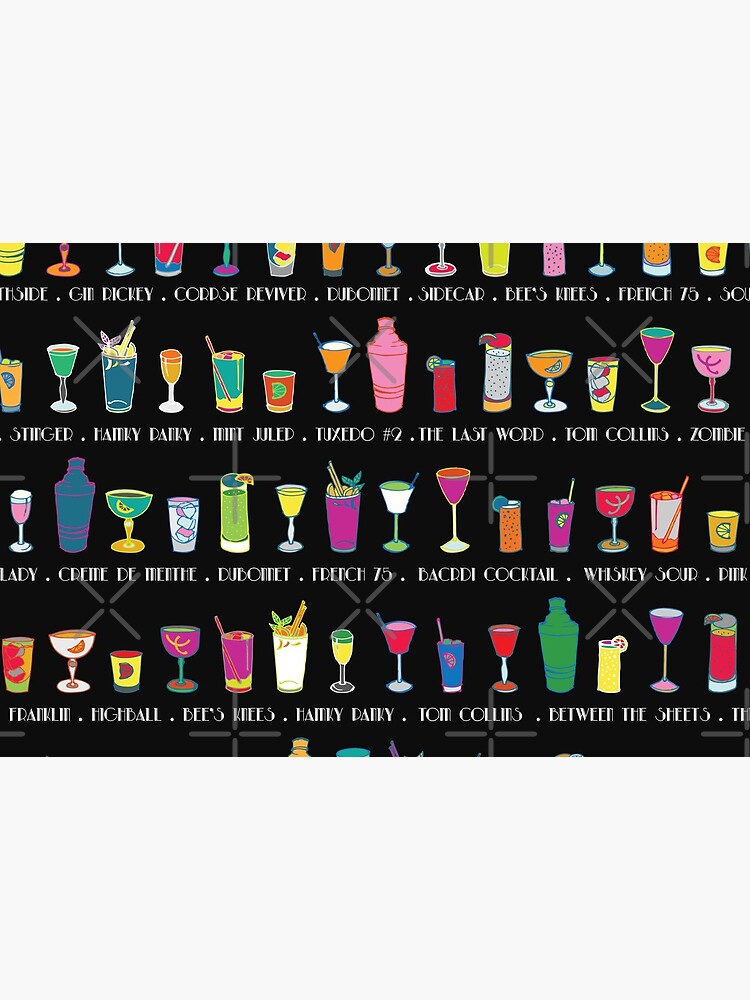 Line em Up! - Prohibition Cocktails pattern on black by Cecca Designs by Cecca-Designs