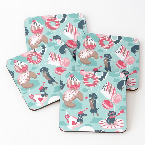 Item preview, Pastel café sweet love dream // aqua background red pastry details blue dachshund dog puppies designed and sold by SelmaCardoso.