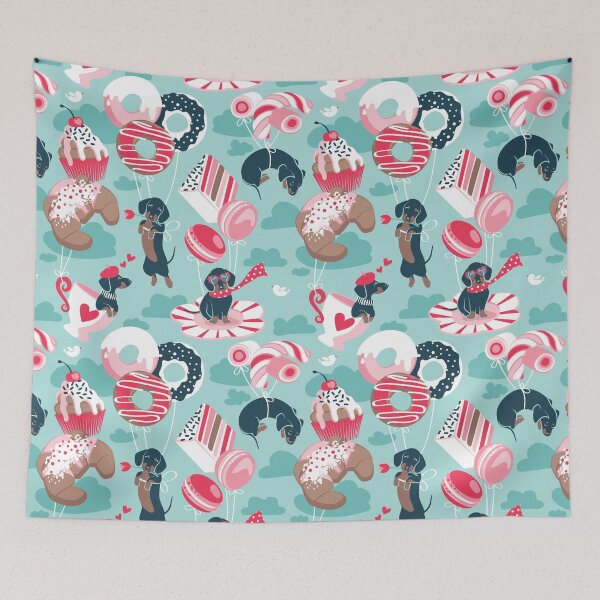 Item preview, Pastel café sweet love dream // aqua background red pastry details blue dachshund dog puppies designed and sold by SelmaCardoso.
