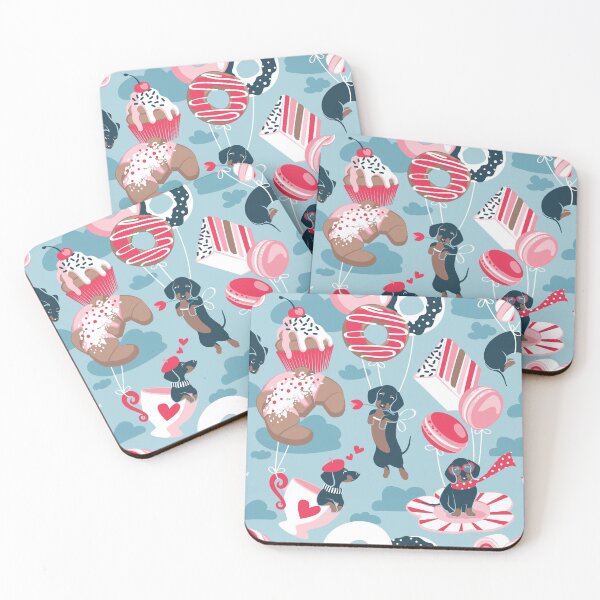 Item preview, Pastel café sweet love dream // pastel blue background red pastry details blue dachshund dog puppies designed and sold by SelmaCardoso.