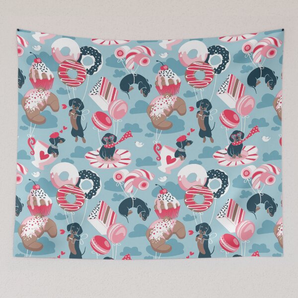 Item preview, Pastel café sweet love dream // pastel blue background red pastry details blue dachshund dog puppies designed and sold by SelmaCardoso.