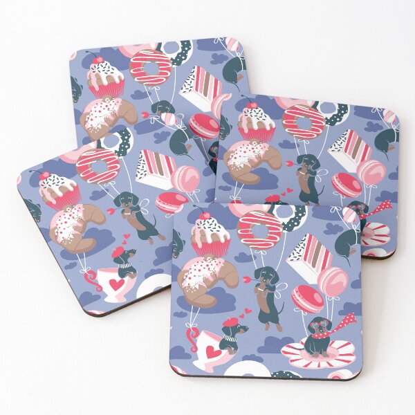 Item preview, Pastel café sweet love dream // indigo blue background red pastry details blue dachshund dog puppies designed and sold by SelmaCardoso.