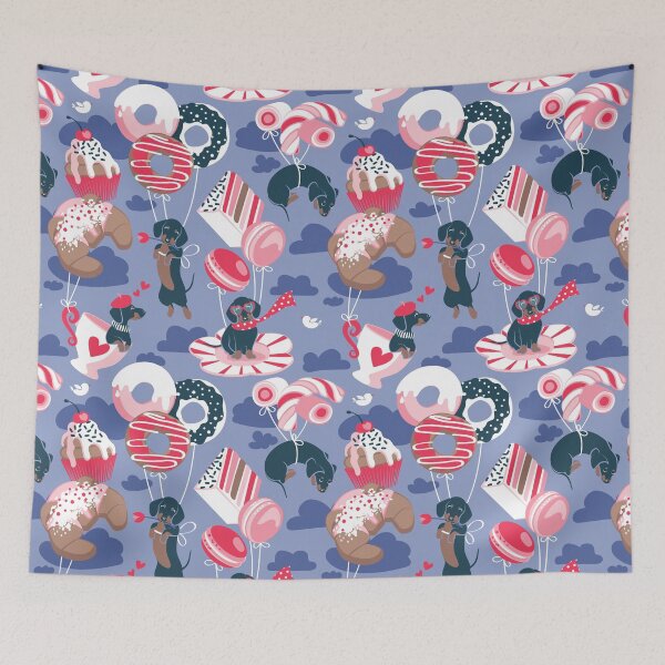 Item preview, Pastel café sweet love dream // indigo blue background red pastry details blue dachshund dog puppies designed and sold by SelmaCardoso.