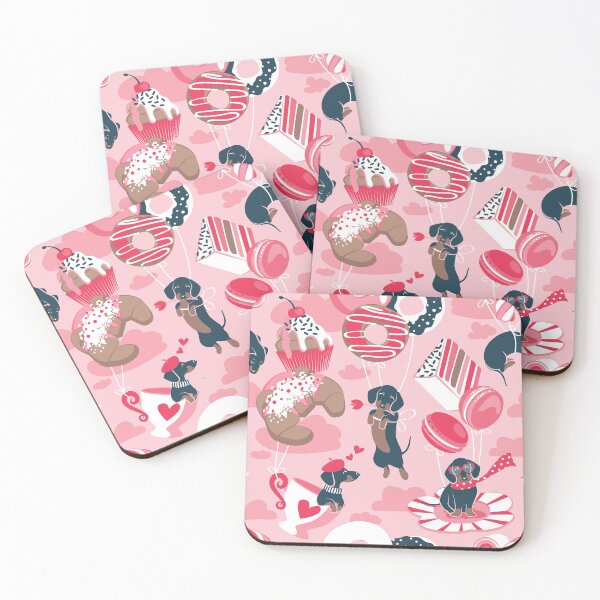 Item preview, Pastel café sweet love dream // pastel pink background fuchsia red details blue dachshund dog puppies designed and sold by SelmaCardoso.
