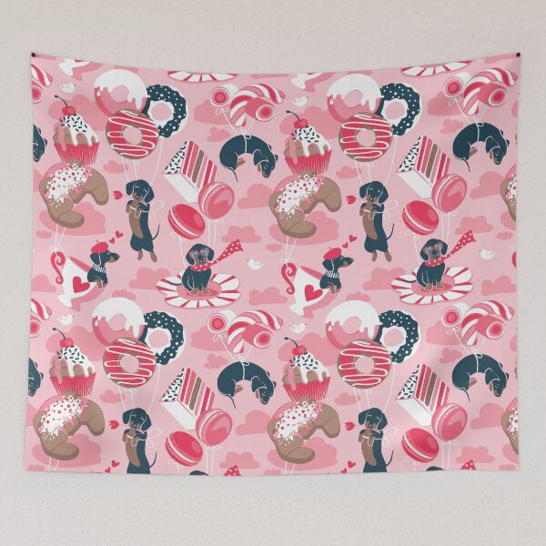 Item preview, Pastel café sweet love dream // pastel pink background fuchsia red details blue dachshund dog puppies designed and sold by SelmaCardoso.
