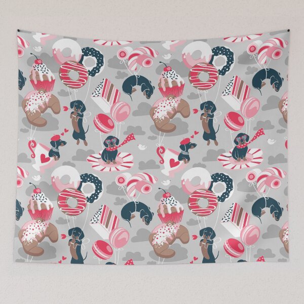 Item preview, Pastel café sweet love dream // grey background red pastry details blue dachshund dog puppies designed and sold by SelmaCardoso.