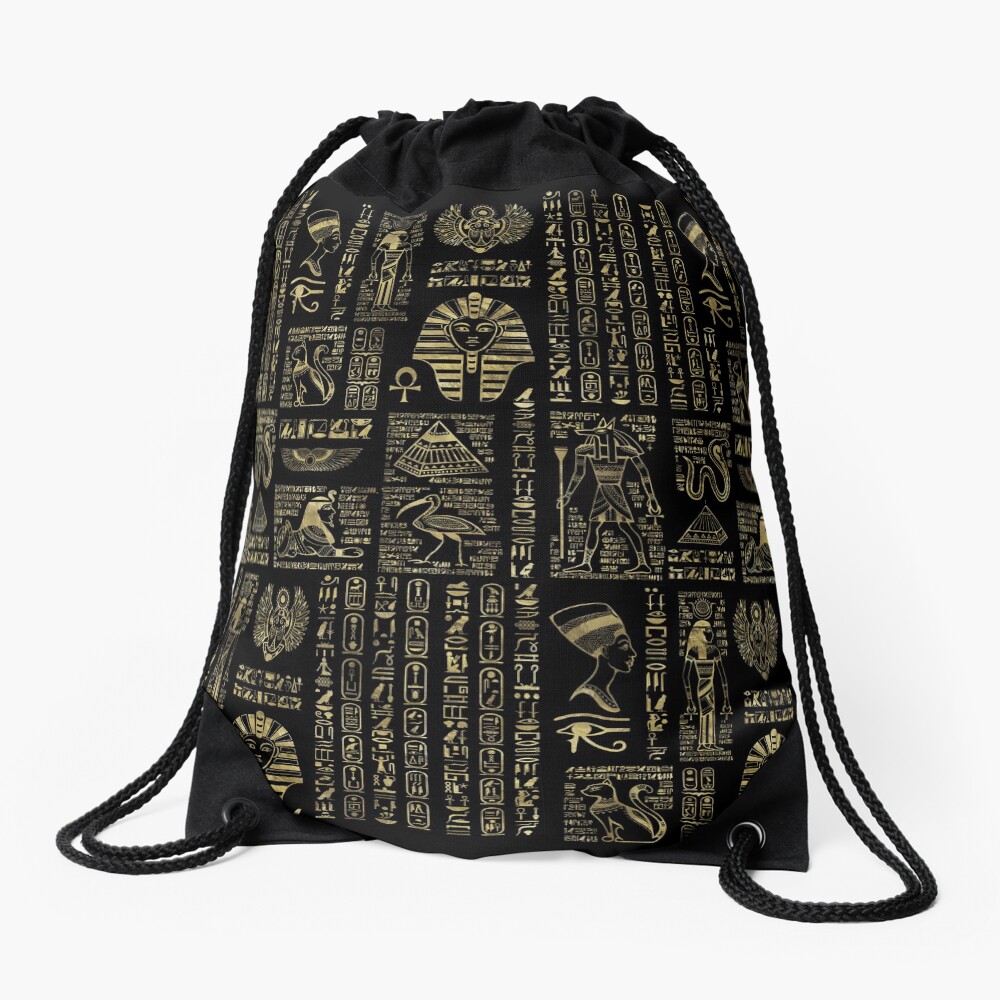 Egyptian hieroglyphs and deities gold on black Drawstring Bag