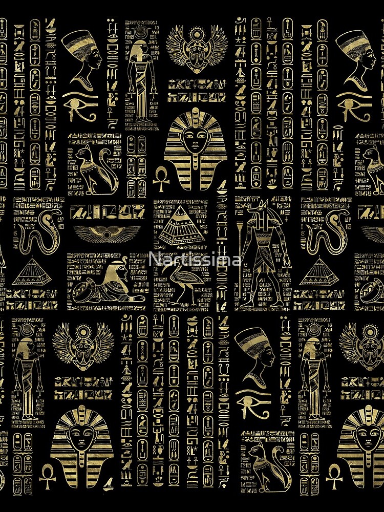 Egyptian hieroglyphs and deities gold on black by Nartissima