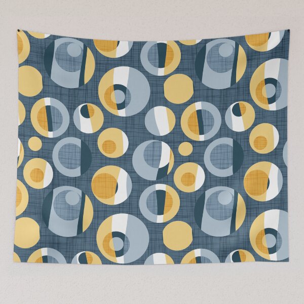 Item preview, Rounded inspiration // blue linen texture background yellow and blue circles designed and sold by SelmaCardoso.