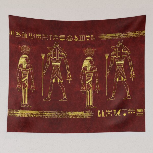 Item preview, Golden Egyptian Gods and hieroglyphics on red leather designed and sold by Nartissima.
