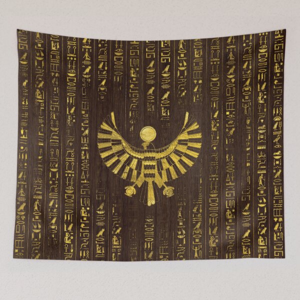 Item preview, Golden Egyptian Horus Falcon and hieroglyphics on wood designed and sold by Nartissima.