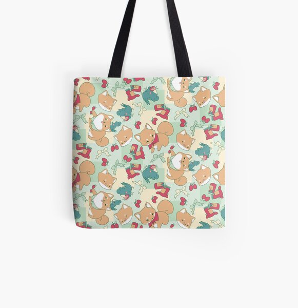 Shiba & Bird Strawberry Picnic All Over Print Tote Bag